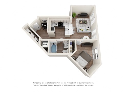 Floor plan for 1 bed, 1 bath, 584 sqft